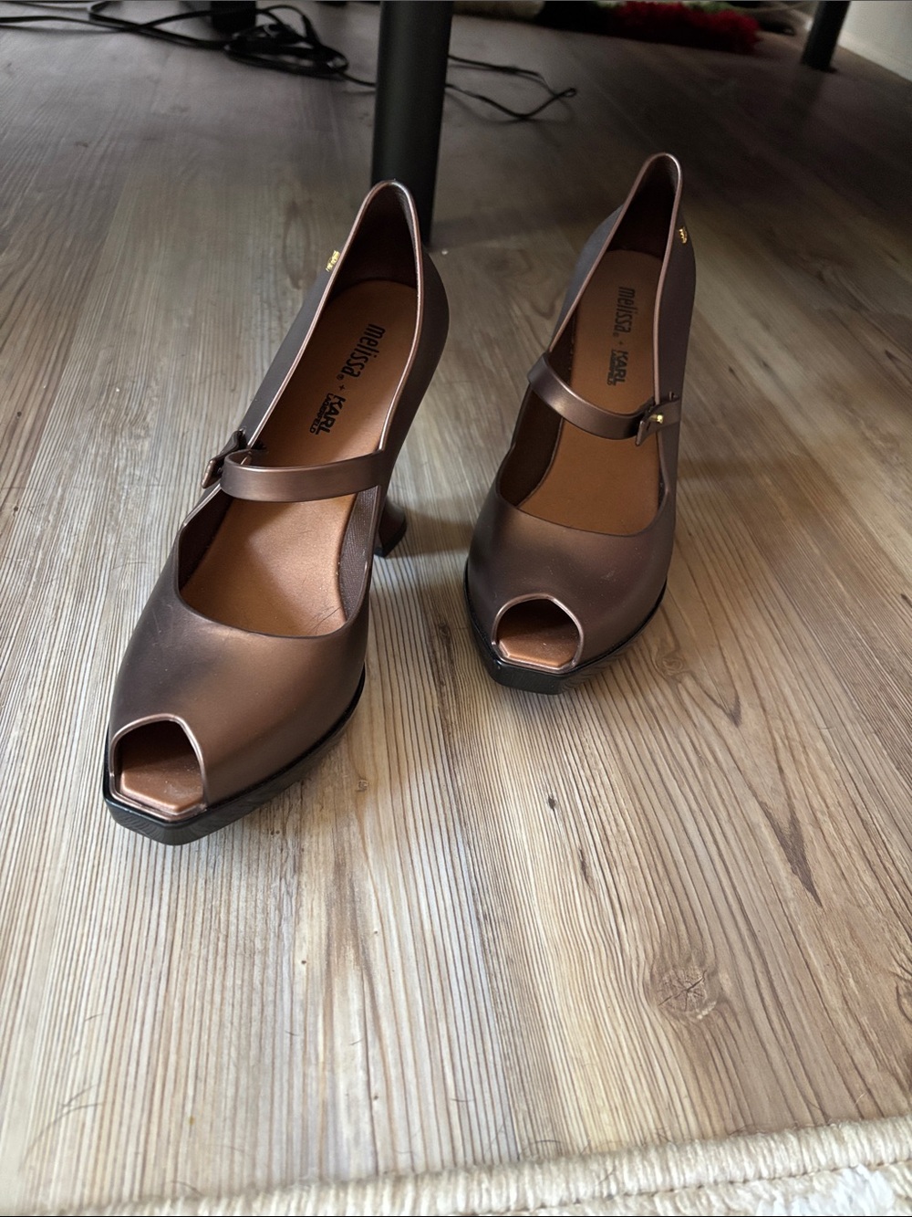 Mary Jane Peep-Toe Heels in Metallic Brown